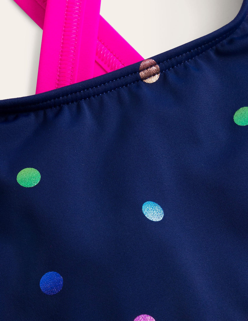 Cross - back Bikini Top - Navy Rainbow Confetti Spot