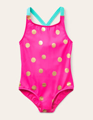 Cross - back Printed Swimsuit - Fuchsia Pink, Gold Foil Spot