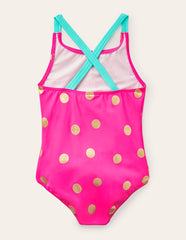 Cross - back Printed Swimsuit - Fuchsia Pink, Gold Foil Spot