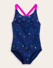 Cross - back Printed Swimsuit - Navy, Rainbow Foil Confetti