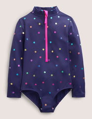 Long - Sleeved Swimsuit - Navy Rainbow Confetti Spot