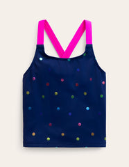 Cross - back Tankini Top - Navy Rainbow Confetti Spot