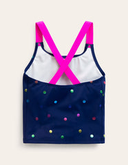 Cross - back Tankini Top - Navy Rainbow Confetti Spot