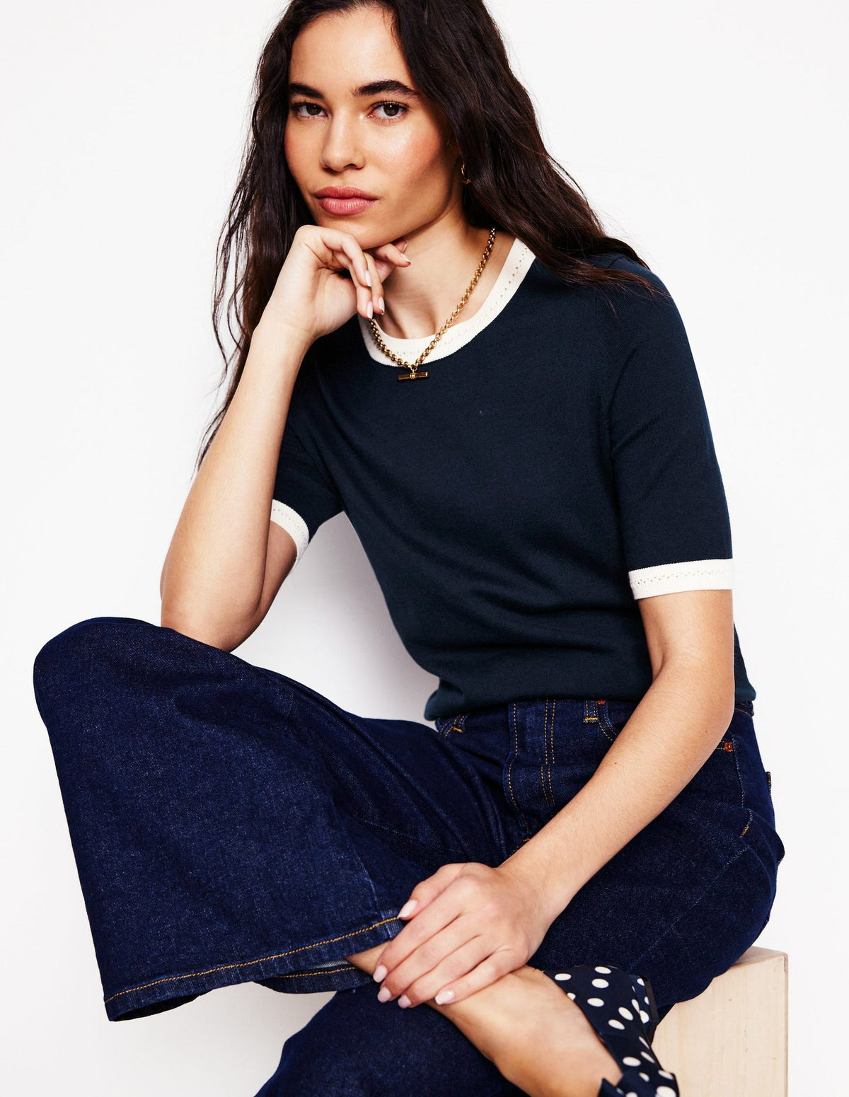 Emilia Cotton Crew T-shirt - Navy, Warm Ivory