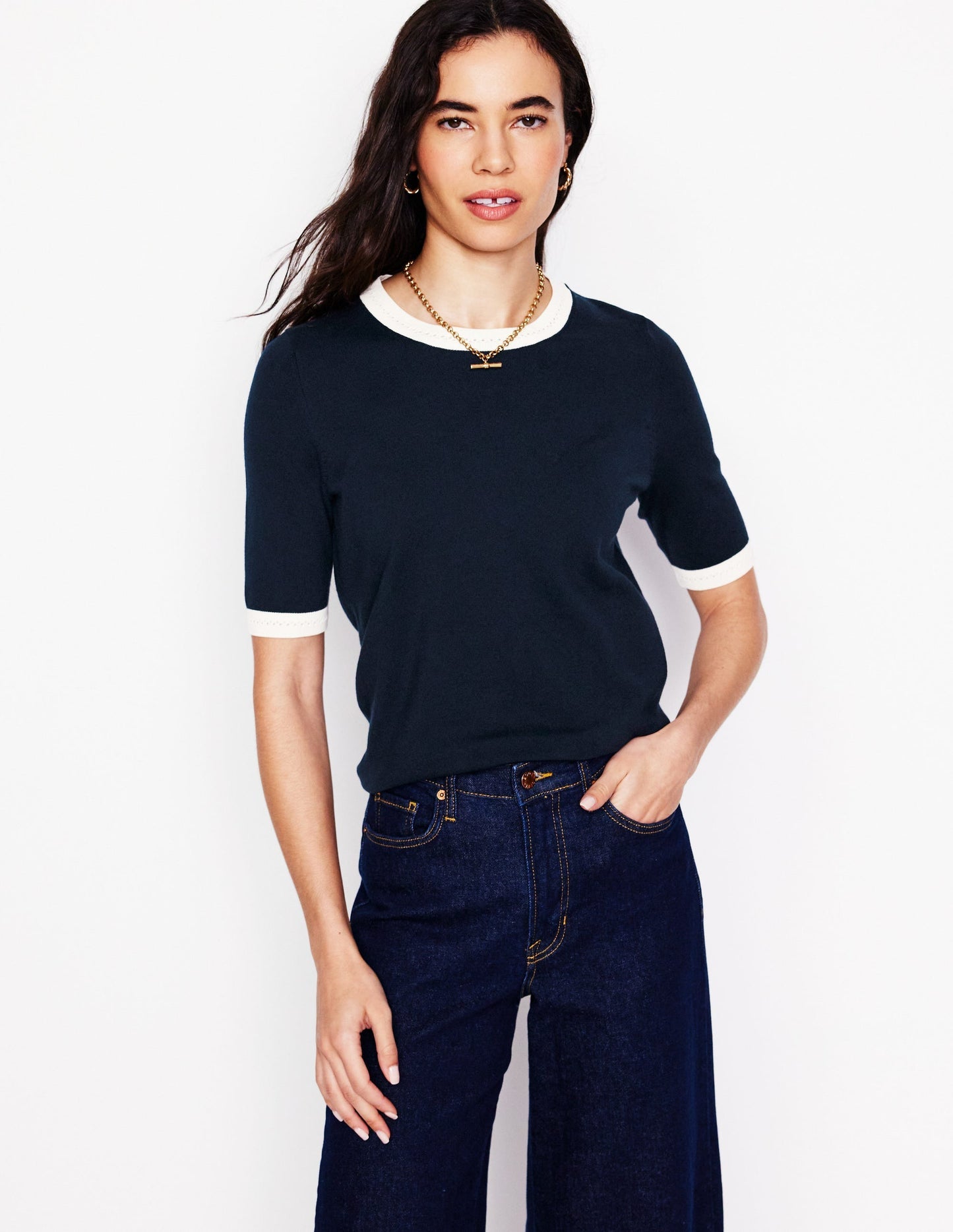 Emilia Cotton Crew T-shirt - Navy, Warm Ivory