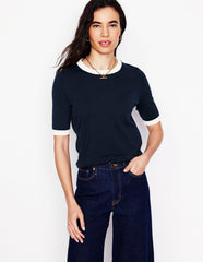 Emilia Cotton Crew T-shirt - Navy, Warm Ivory