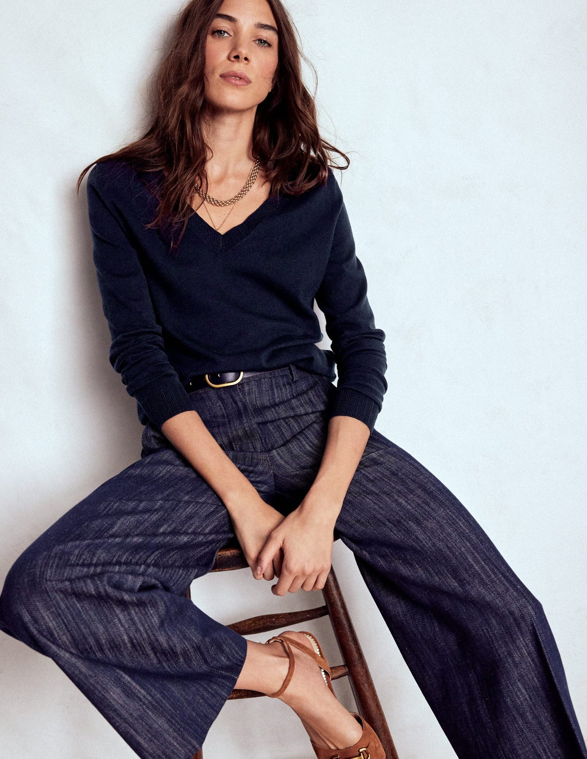 Emilia Cotton V Neck Sweater - Navy