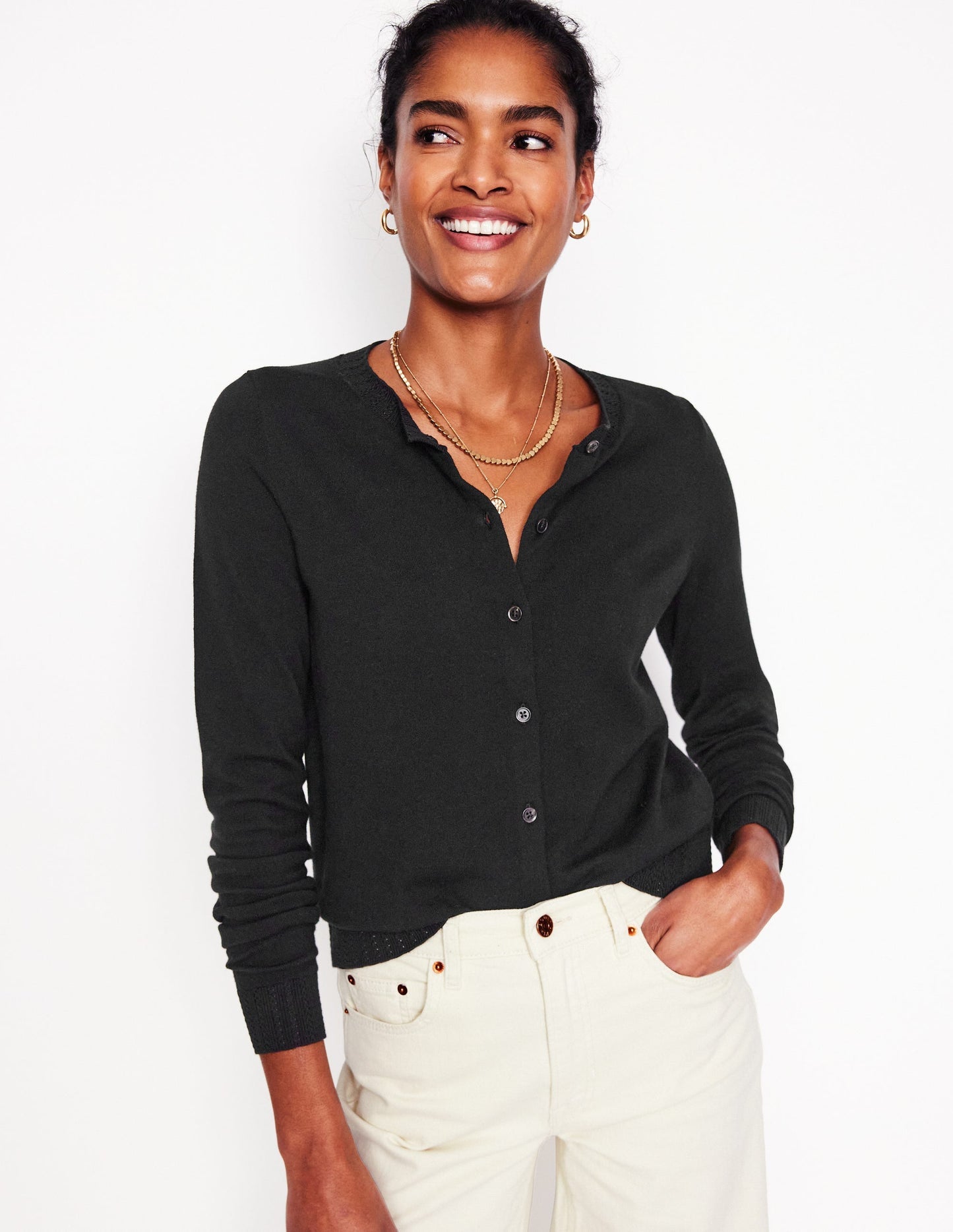 Emilia Cotton Crew Cardigan - Black