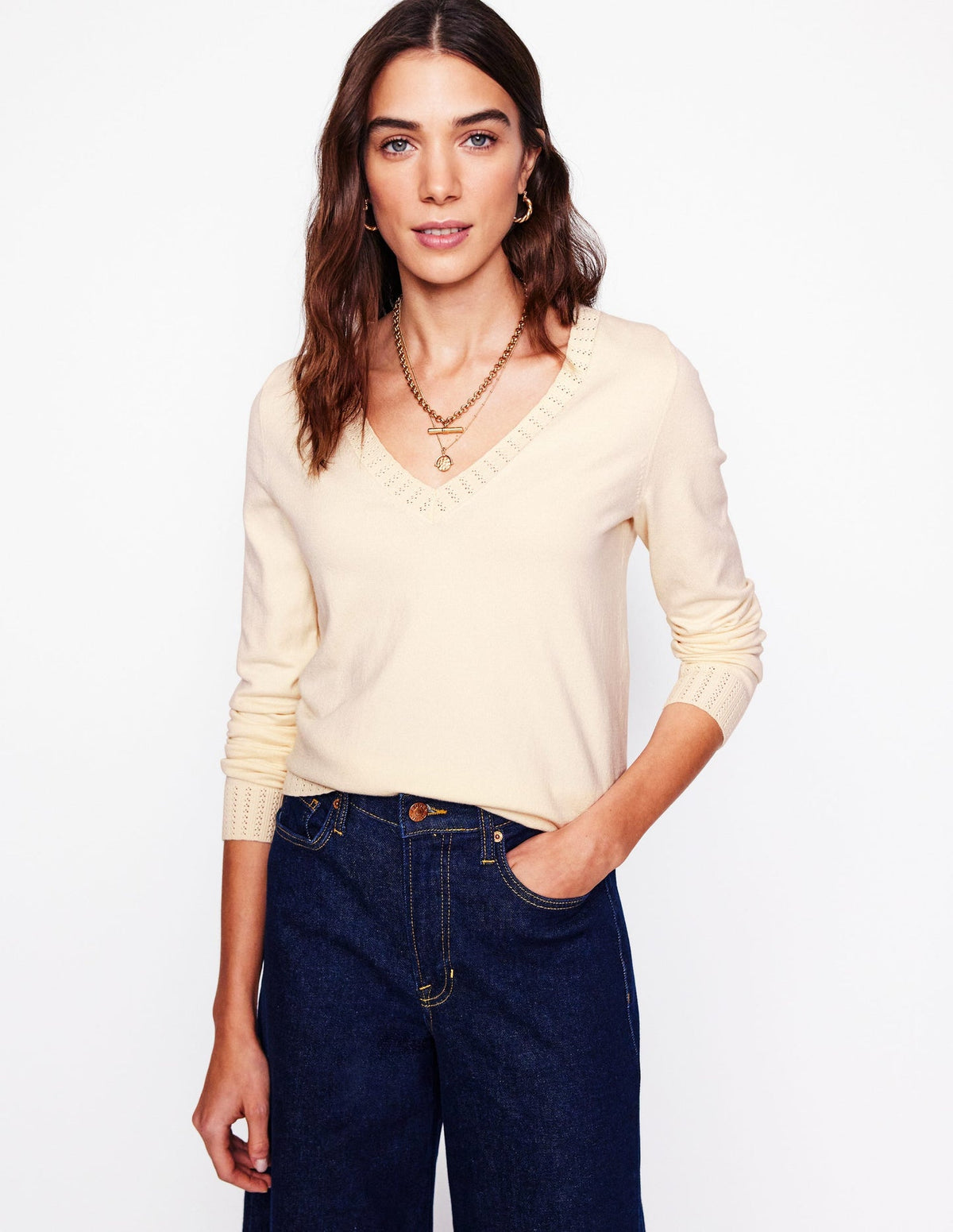 Emilia Cotton V Neck Sweater - Warm Ivory