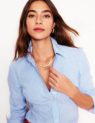 Saskia Stretch Cotton Shirt - Forget Me Not, Ivory Stripe