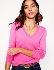 Emilia Cotton V Neck Sweater - Tickled Pink