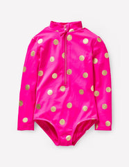 Long - Sleeved Swimsuit - Fuchsia Pink, Gold Foil Spot