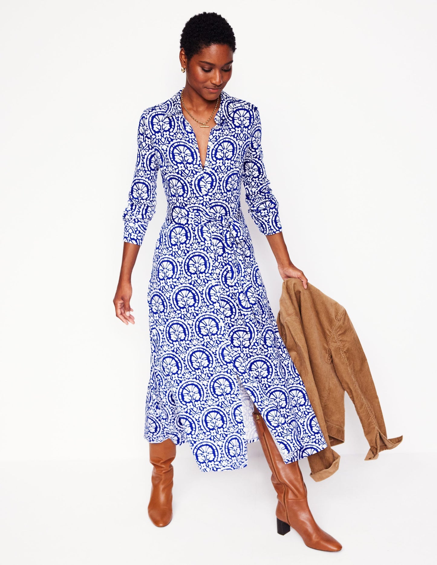Marcia Jersey Shirt Dress - Bright Blue, Elaborate Stamp