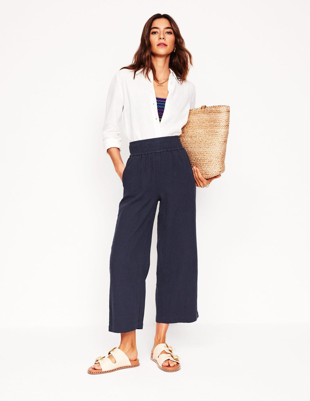 Cropped Double Cloth Pants - Navy