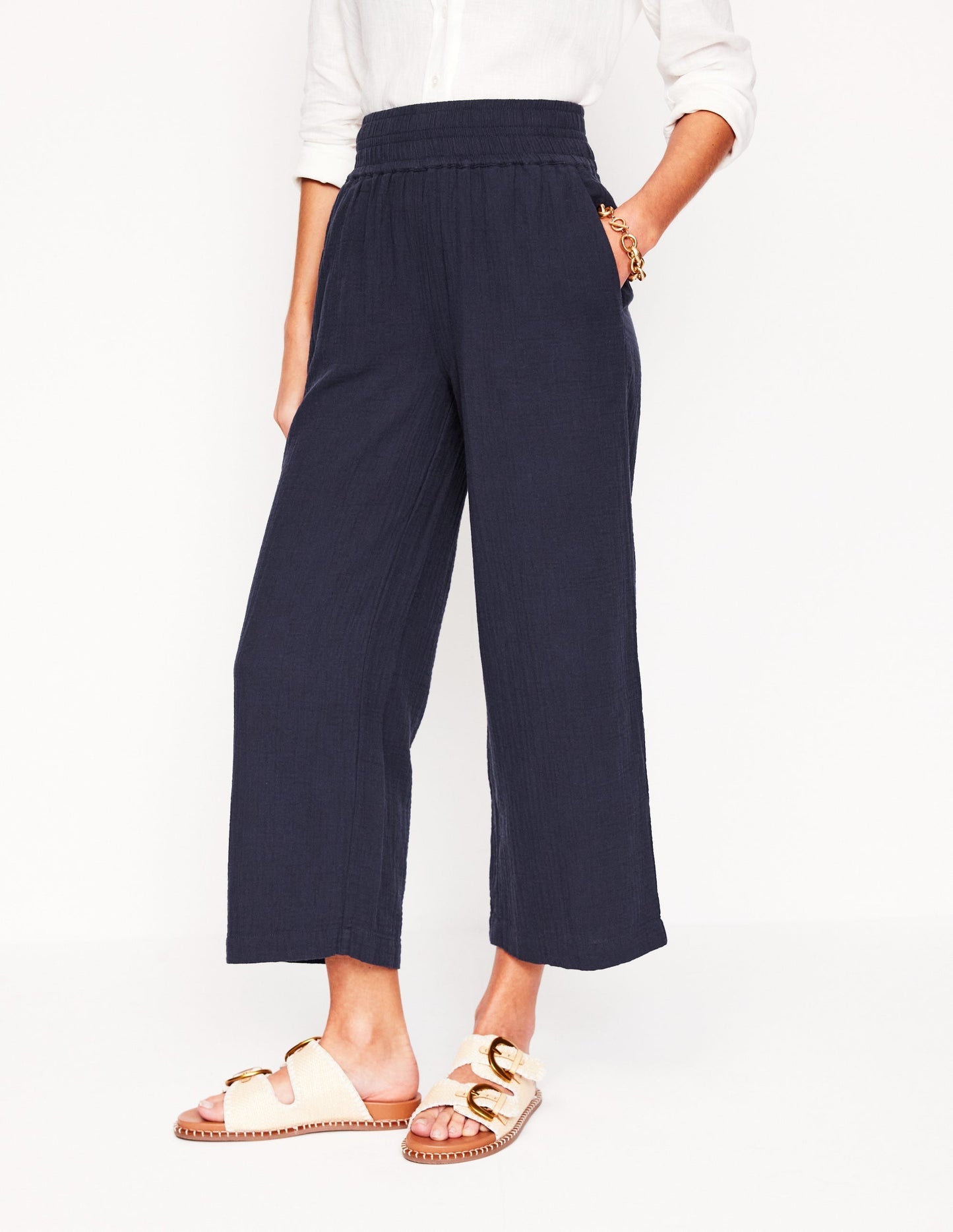 Cropped Double Cloth Pants - Navy