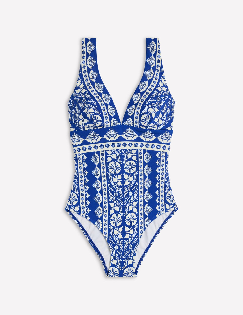 Porto V - Neck Swimsuit - Bright Blue, Ornate Stripe