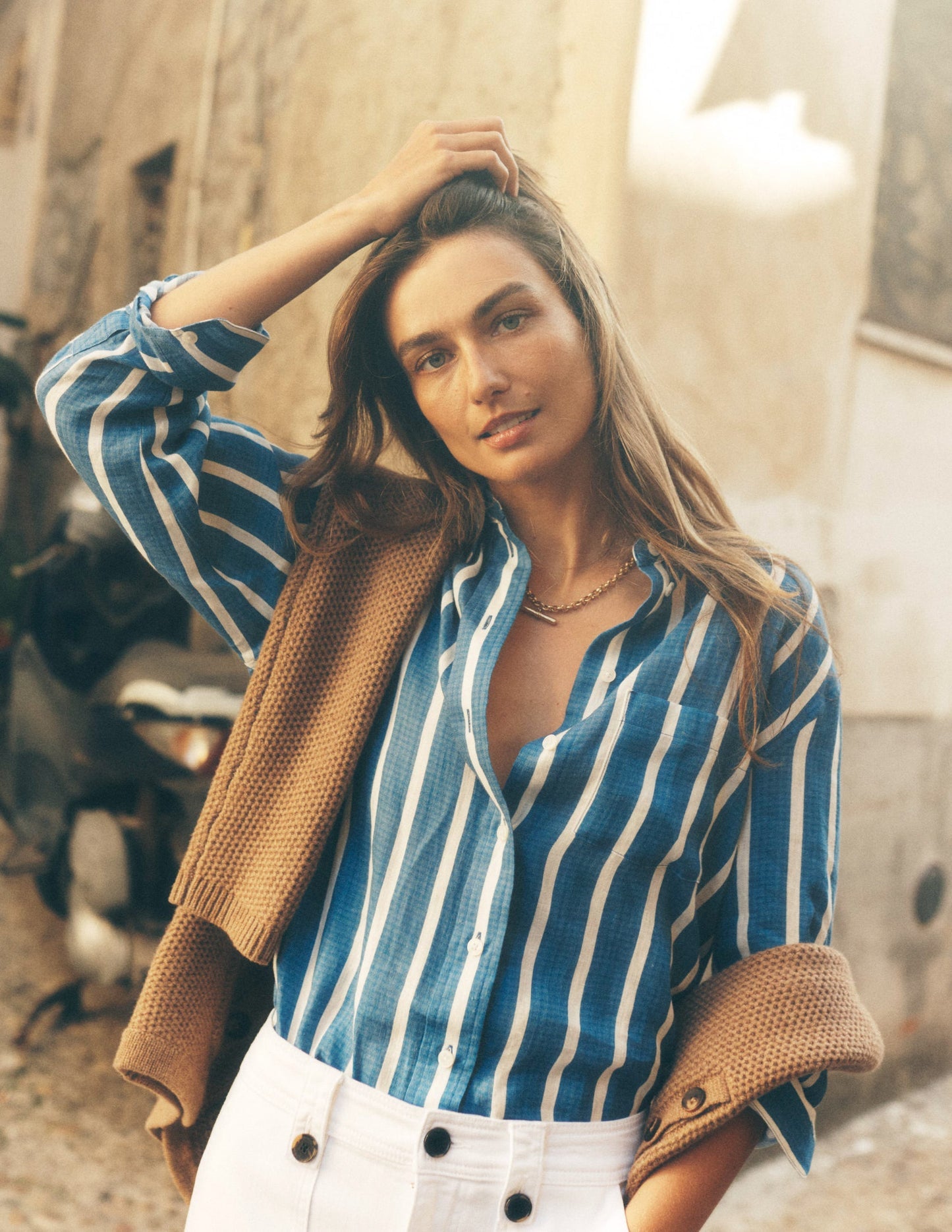Sadie Relaxed Linen Shirt - Bright Blue Woven Breton