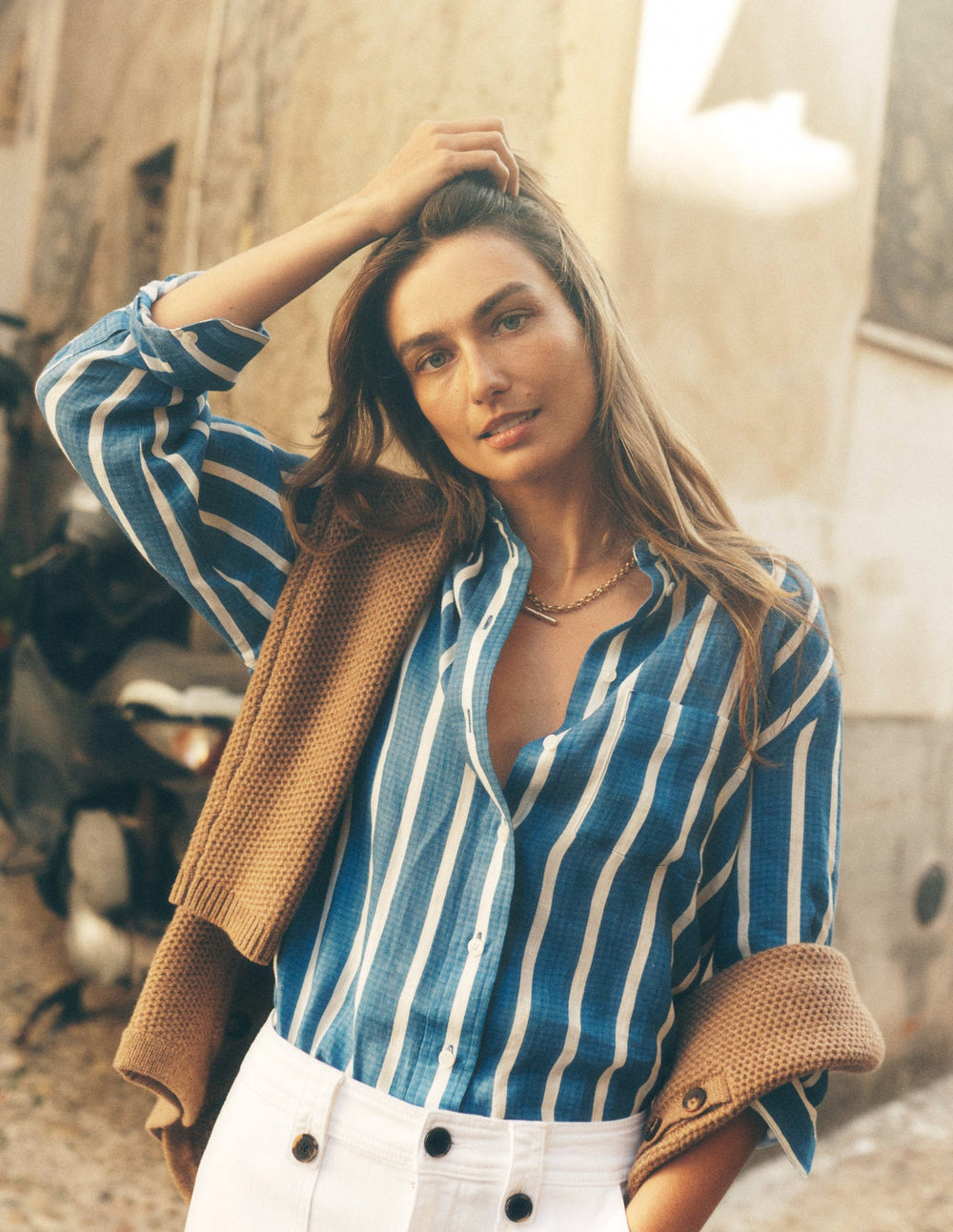 Sadie Relaxed Linen Shirt - Bright Blue Woven Breton