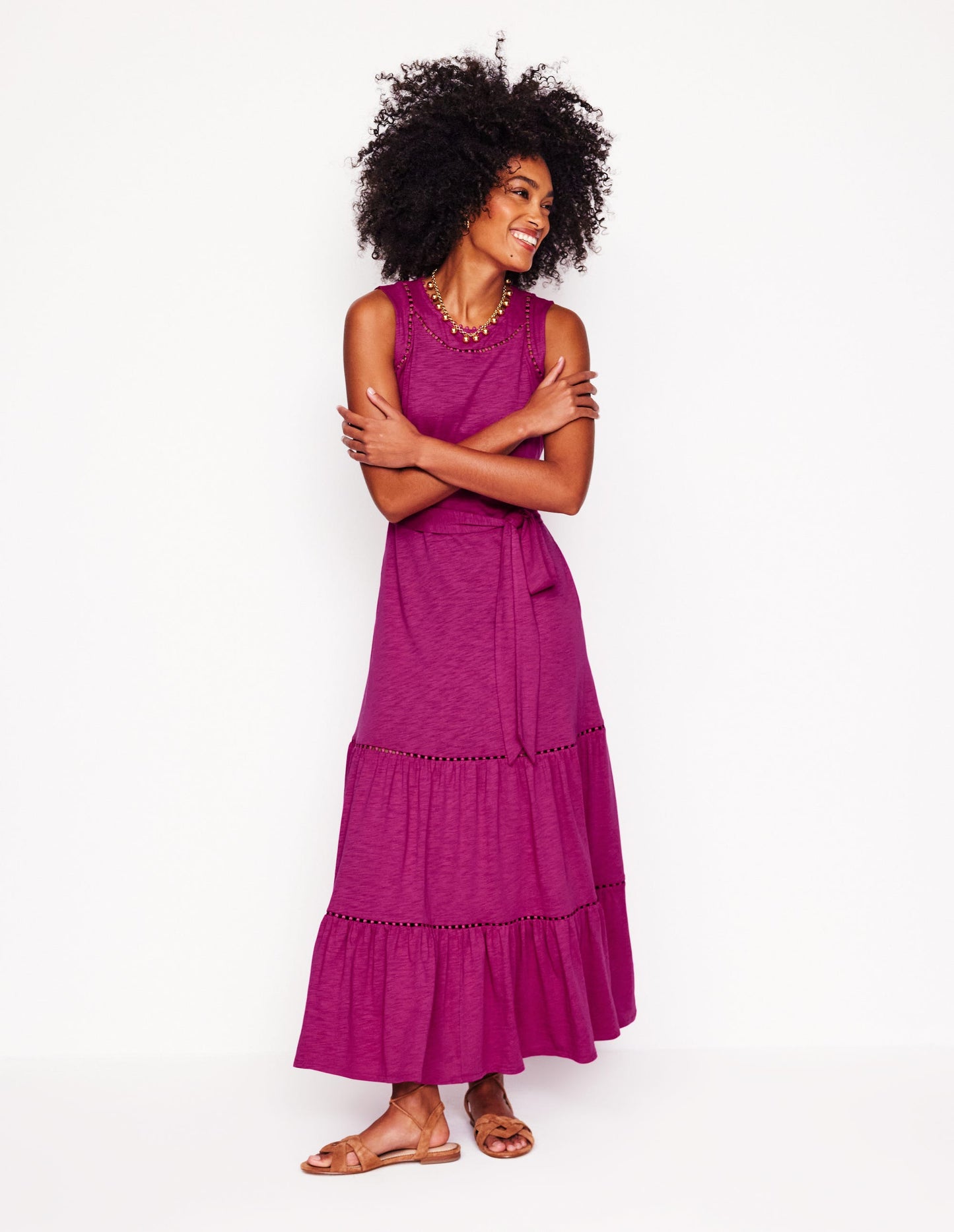 Mila Trim Tiered Jersey Dress - Fuschia