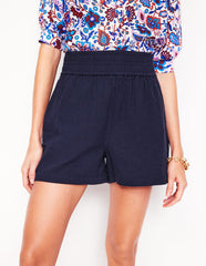 Smocked Double Cloth Shorts - Navy