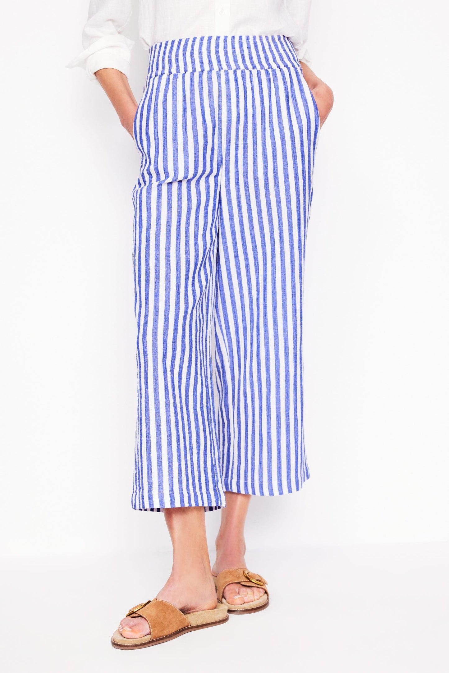 Cropped Double Cloth Pants - Bright Blue Stripe