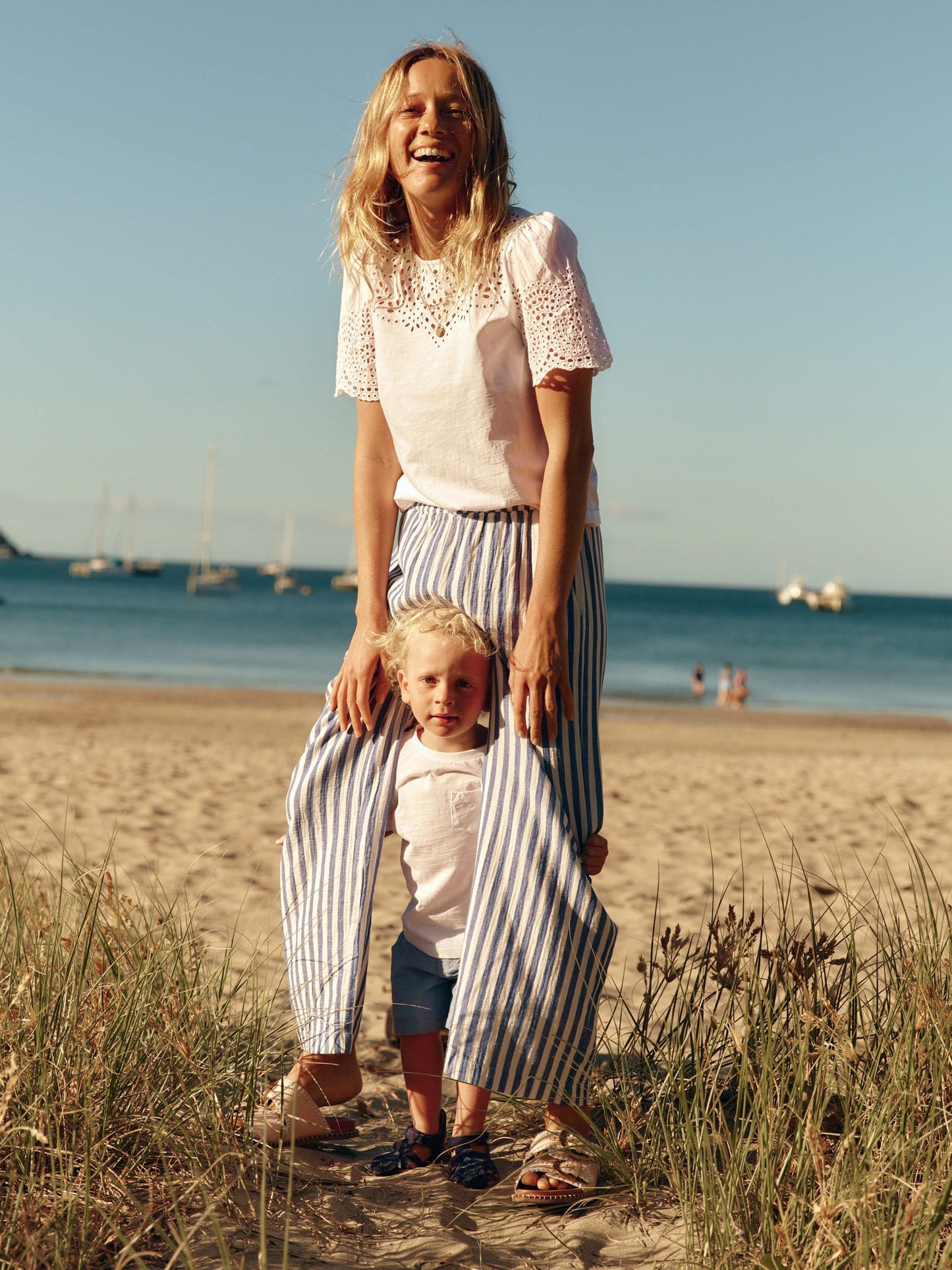 Cropped Double Cloth Pants - Bright Blue Stripe