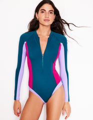 Sporty Raglan Sleeve Swimsuit - Oceanside Blue