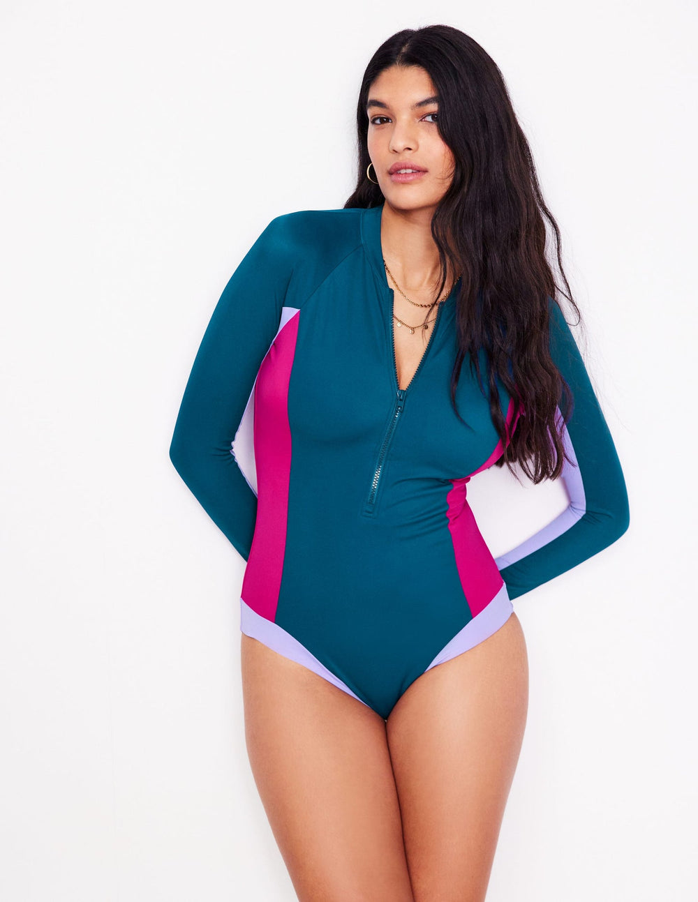 Sporty Raglan Sleeve Swimsuit - Oceanside Blue