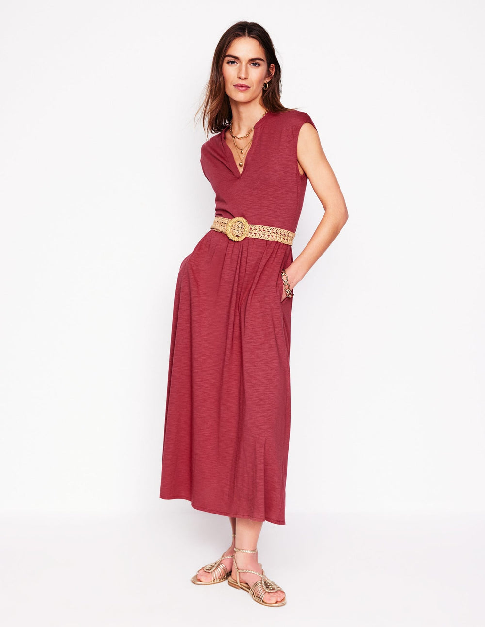 Chloe Jersey Midi Dress - Terracotta Red