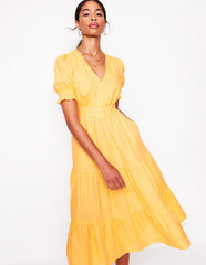 Anna Linen Tiered Midi Dress - Buttermilk Yellow
