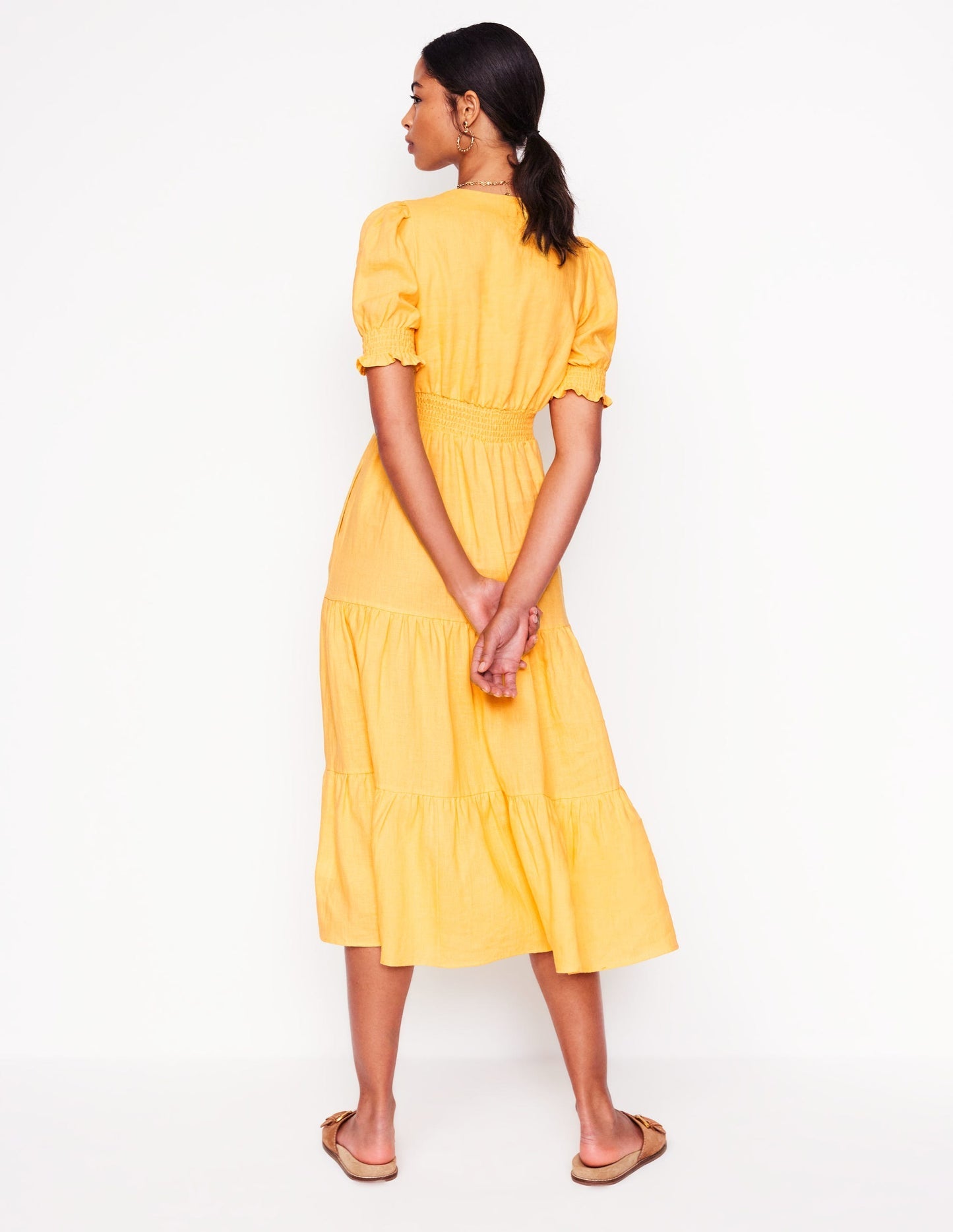 Anna Linen Tiered Midi Dress - Buttermilk Yellow