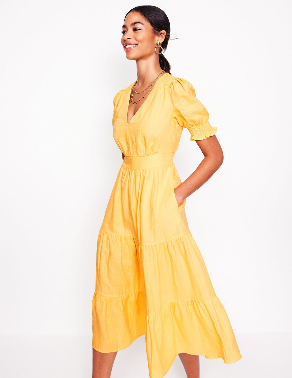 Anna Linen Tiered Midi Dress - Buttermilk Yellow