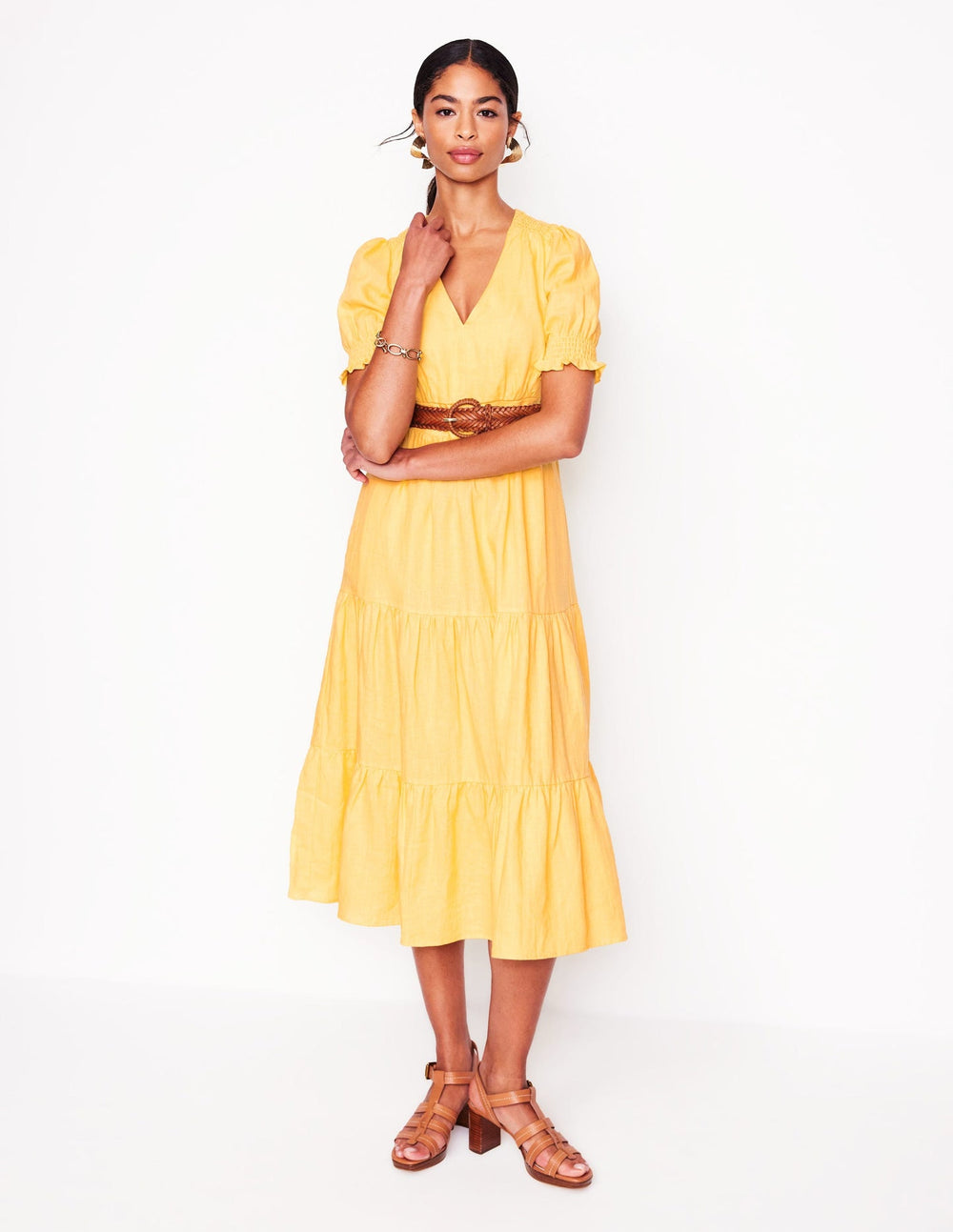 Anna Linen Tiered Midi Dress - Buttermilk Yellow