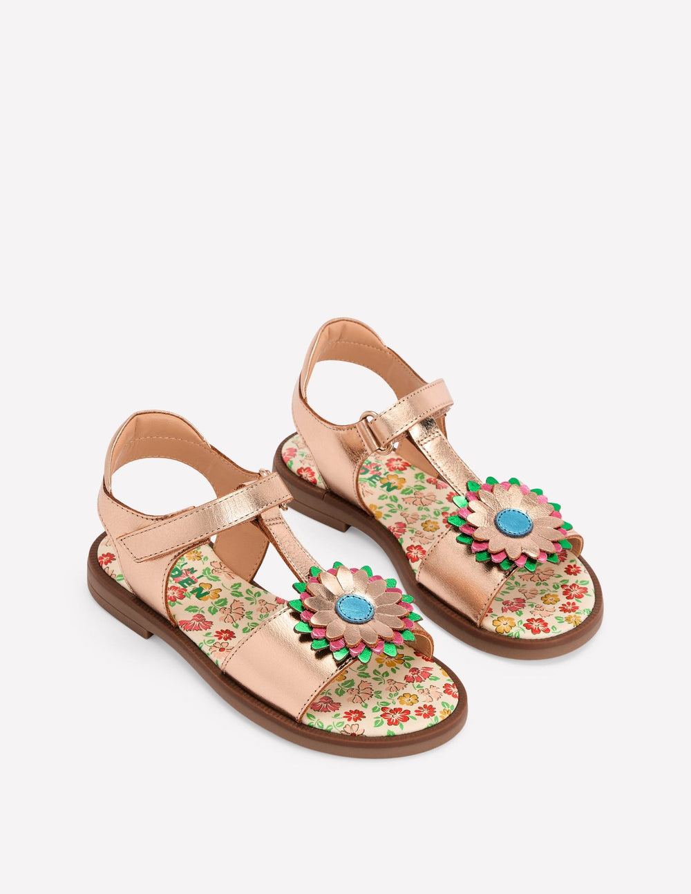 Fun Leather Sandals - Gold Metallic Flower