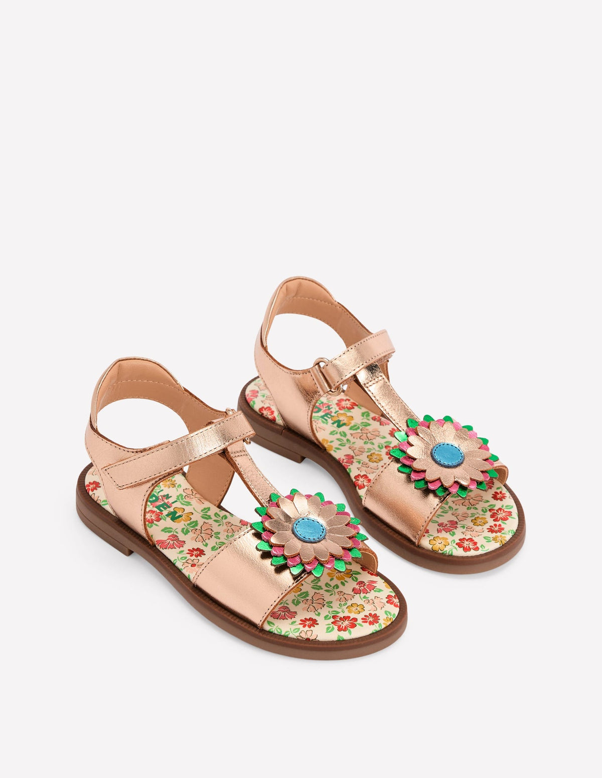 Fun Leather Sandals - Gold Metallic Flower