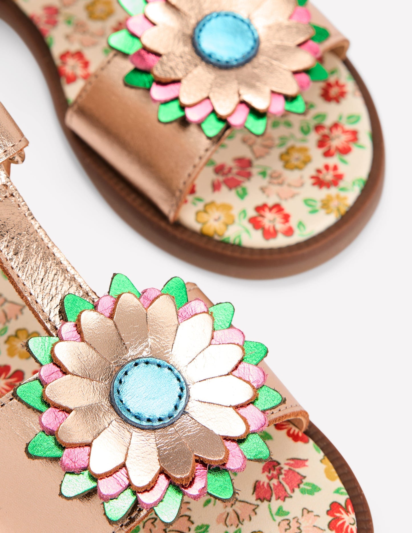 Fun Leather Sandals - Gold Metallic Flower