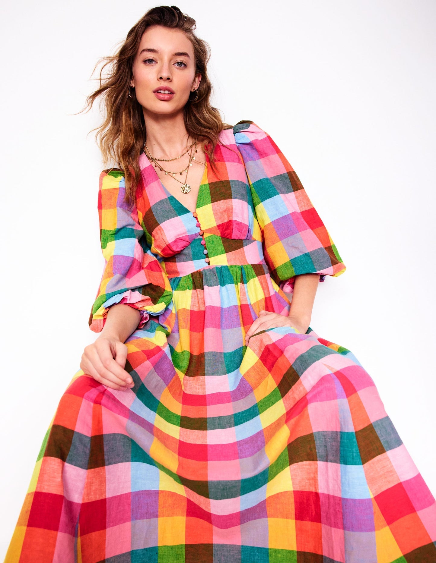 Lola Blouson Maxi Dress - Rainbow Multigingham
