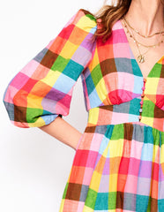 Lola Blouson Maxi Dress - Rainbow Multigingham