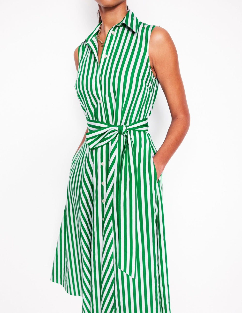 Amy Sleeveless Shirt Dress - Rich Emerald Stripe
