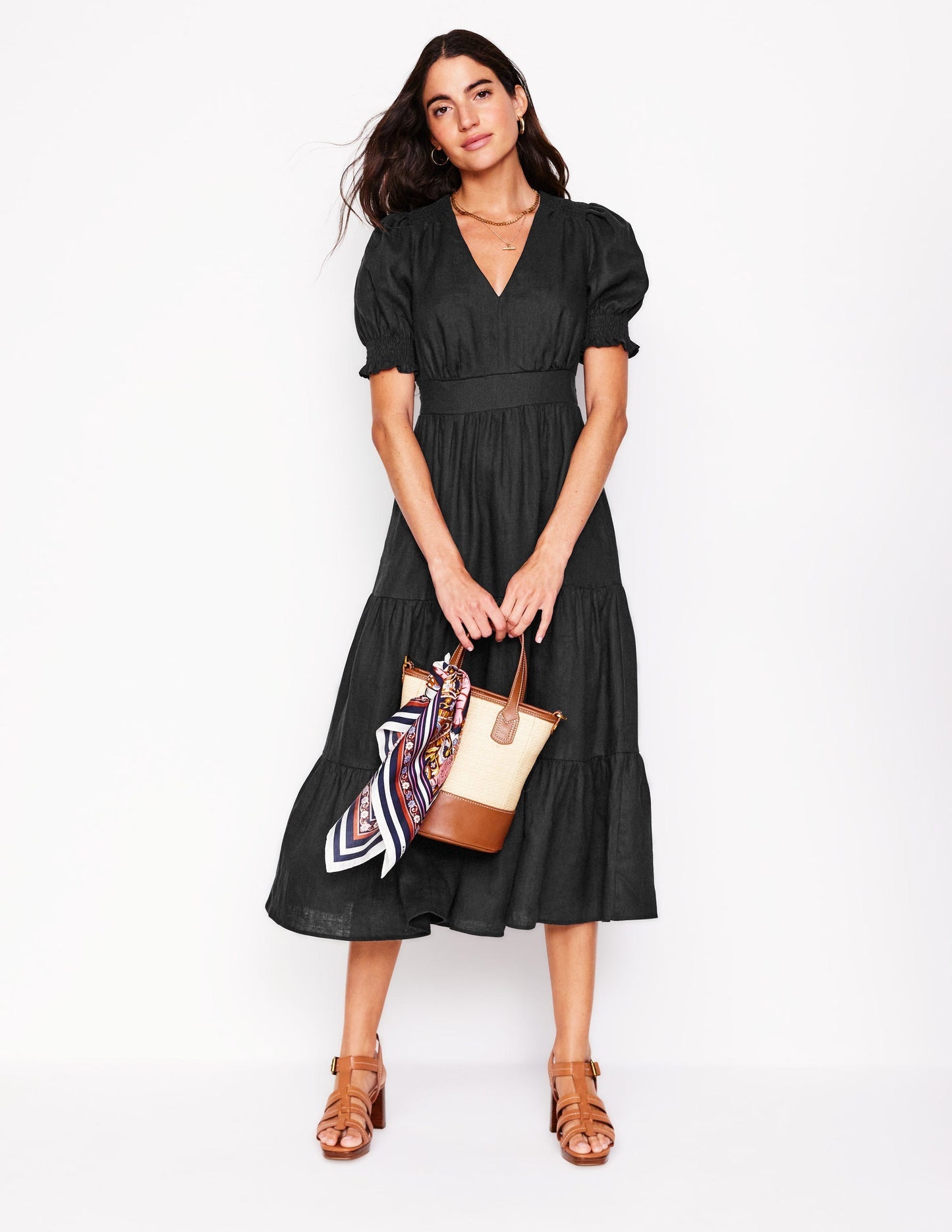 Anna Linen Tiered Midi Dress - Black