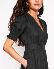 Anna Linen Tiered Midi Dress - Black