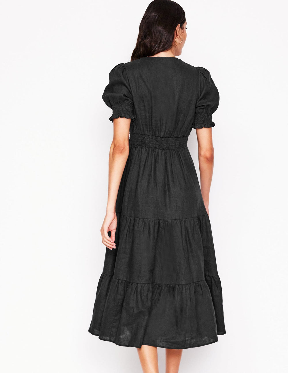 Anna Linen Tiered Midi Dress - Black