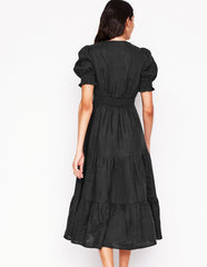 Anna Linen Tiered Midi Dress - Black