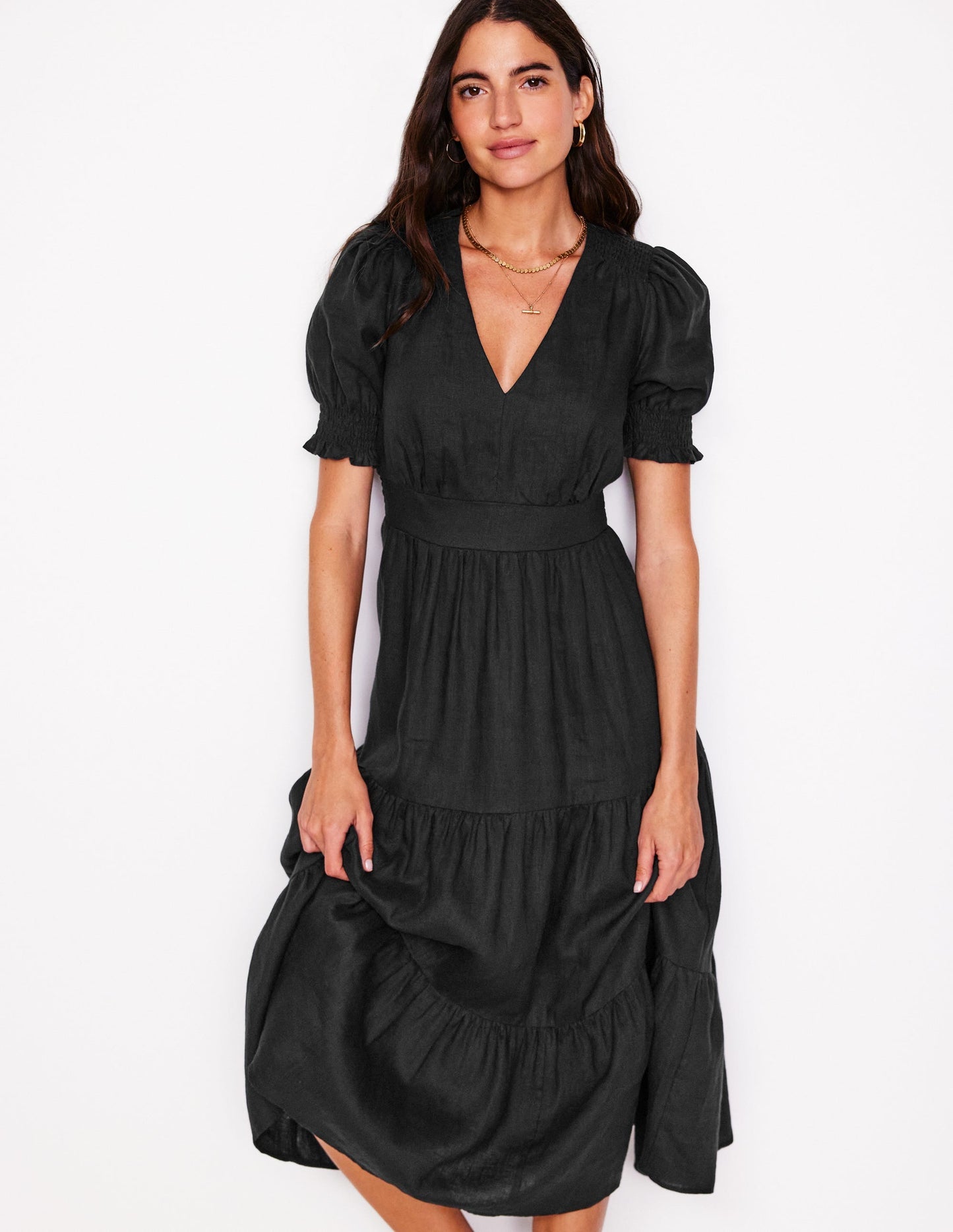Anna Linen Tiered Midi Dress - Black