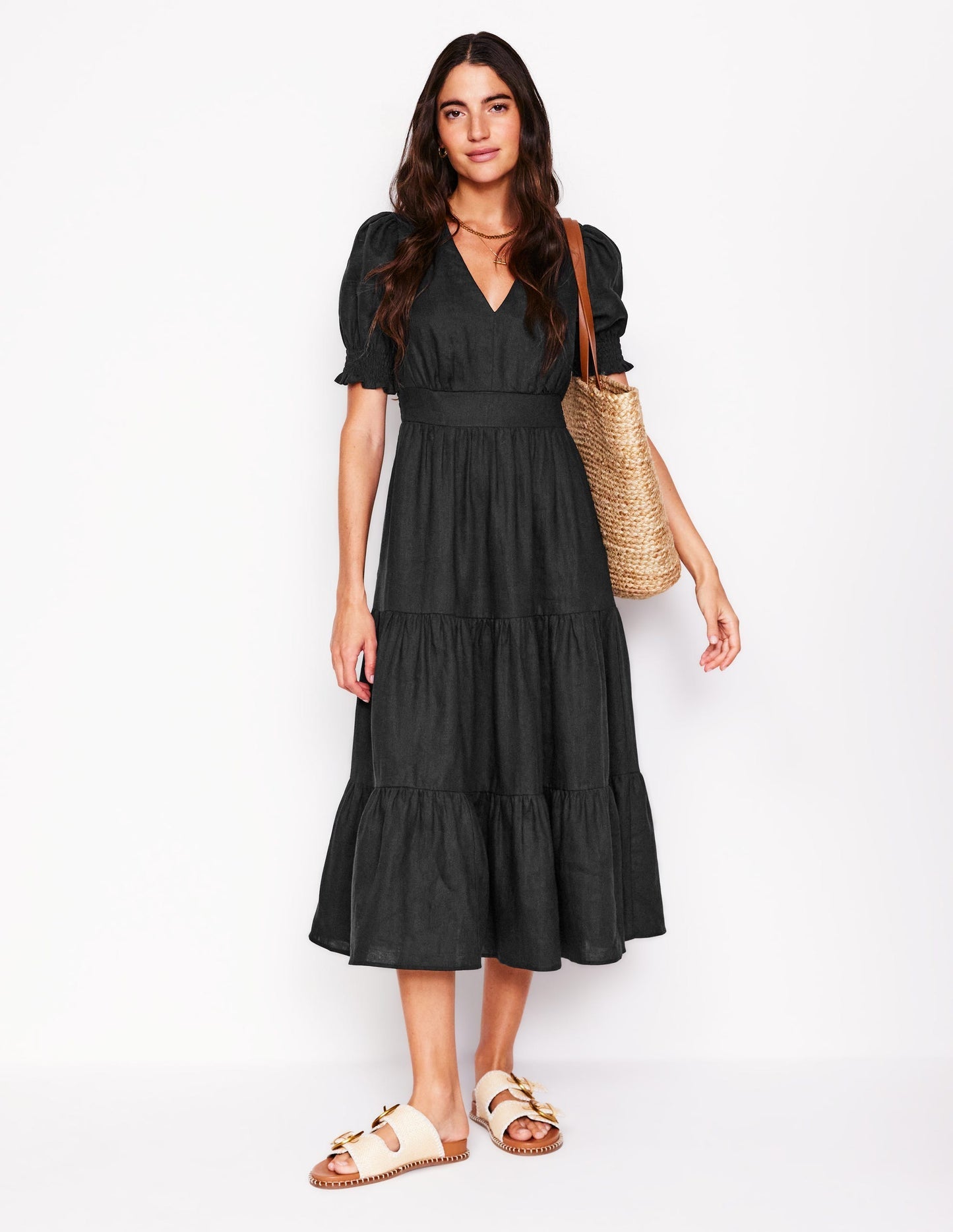Anna Linen Tiered Midi Dress - Black