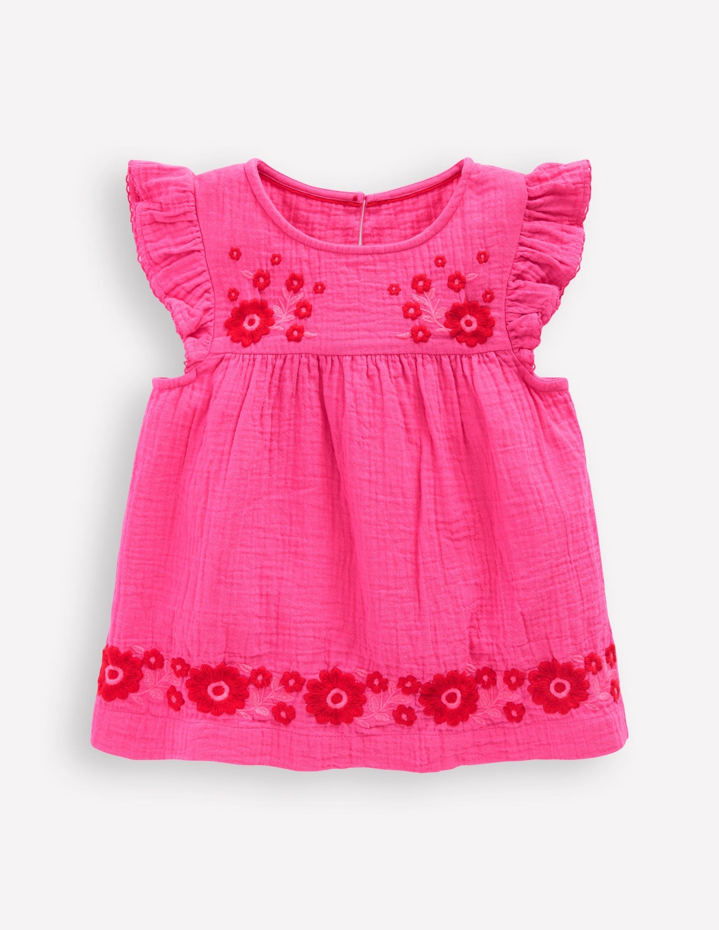 Double Cloth Frill Sleeve Top - Sorbet Pink Embroidered