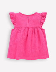Double Cloth Frill Sleeve Top - Sorbet Pink Embroidered