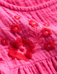 Double Cloth Frill Sleeve Top - Sorbet Pink Embroidered