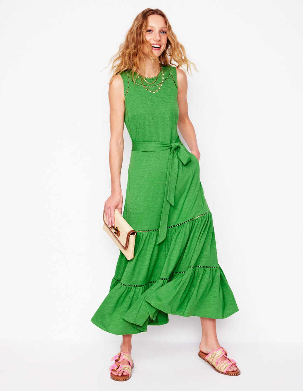 Mila Trim Tiered Jersey Dress - Paradise Green