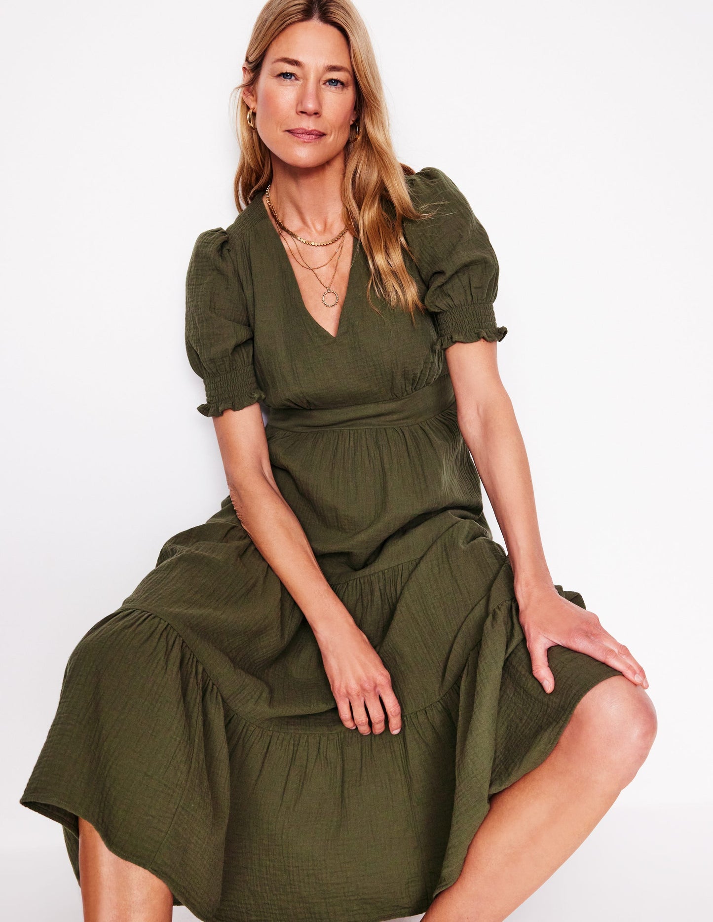 Anna Double Cloth Midi Dress - Woodland Green
